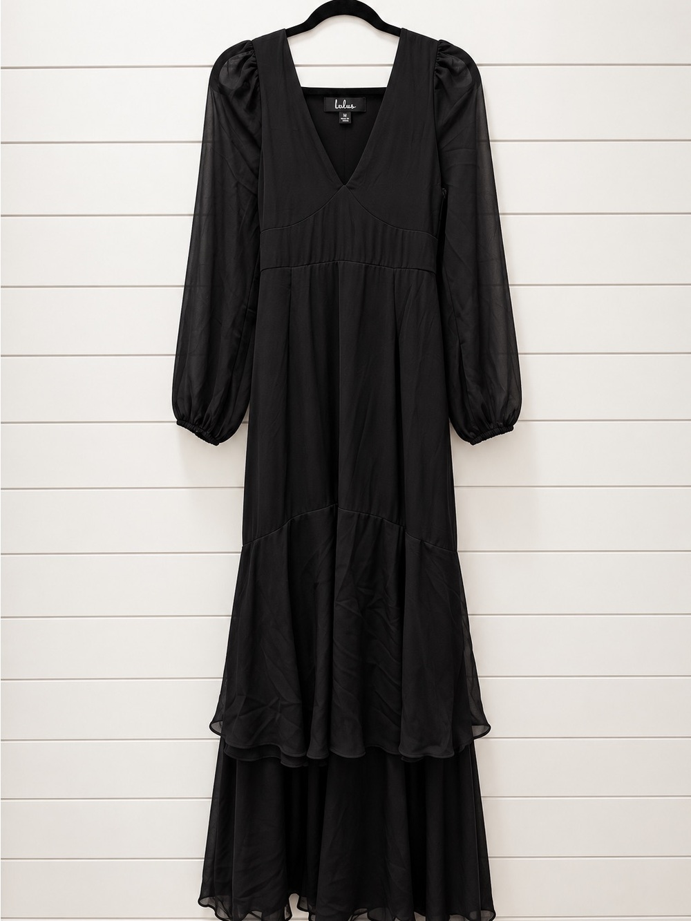 Lulu's Black V-Neck Tiered Long Sleeve Maxi Dress